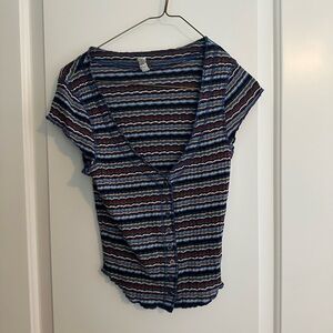 Free People Striped V-Neck Button-Up Top in Small
